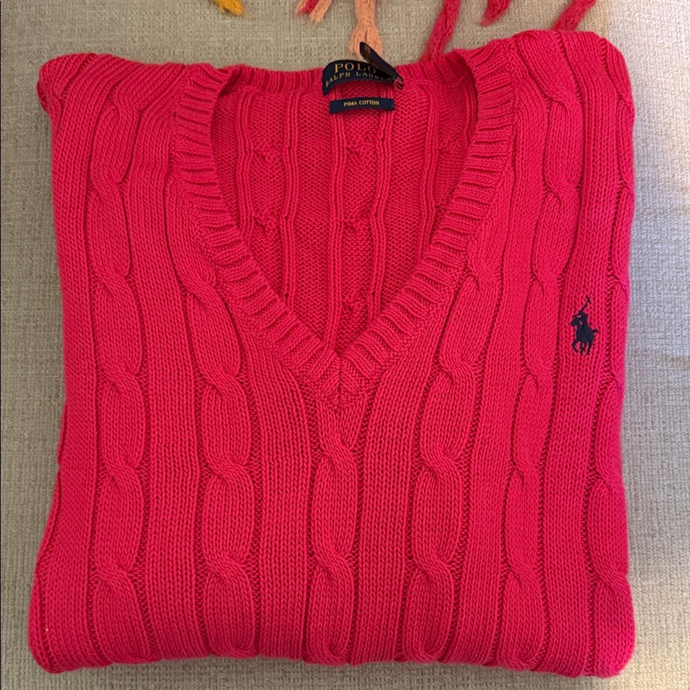 NWOT Polo by Ralph Lauren V-Neck Cable Knit Sweater - Hot Pink